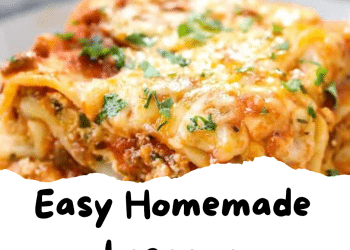 A close-up of a slice of cheesy homemade lasagna topped with parsley, highlighting layers of delicious lasagna, with the text “Easy Homemade Lasagna” in bold black letters below the image.