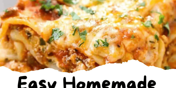 A close-up of a slice of cheesy homemade lasagna topped with parsley, highlighting layers of delicious lasagna, with the text “Easy Homemade Lasagna” in bold black letters below the image.