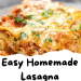 A close-up of a slice of cheesy homemade lasagna topped with parsley, highlighting layers of delicious lasagna, with the text “Easy Homemade Lasagna” in bold black letters below the image.