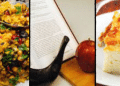 A collage with three sections: a bowl of colorful mixed rice, a shofar and pomegranate beside an open book for Rosh Hashanah, and a slice of baked noodle casserole on a white plate.