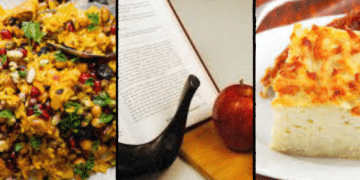 A collage with three sections: a bowl of colorful mixed rice, a shofar and pomegranate beside an open book for Rosh Hashanah, and a slice of baked noodle casserole on a white plate.