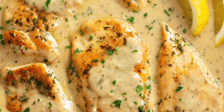 Golden brown Garlic Parmesan Chicken breasts covered in a creamy, herb-filled sauce, garnished with chopped parsley and served with lemon wedges.