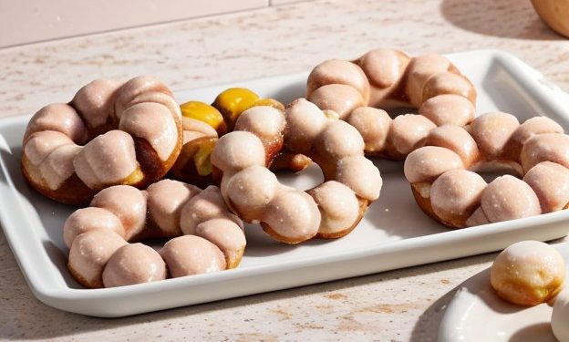 A white rectangular tray holds several glazed, ring-shaped mochi donuts with bubble-like segments, set on a light countertop. A small dish with part of a mochi donut is visible in the corner.