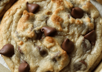 A close-up of a freshly baked chocolate chip cookie made with a Crumbl Cookie Recipe, featuring golden edges and melted chocolate chips on top, resting on a baking sheet.