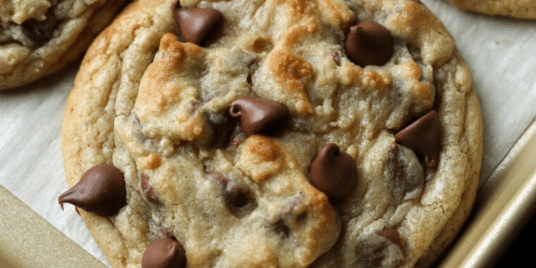 A close-up of a freshly baked chocolate chip cookie made with a Crumbl Cookie Recipe, featuring golden edges and melted chocolate chips on top, resting on a baking sheet.