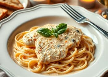 A plate of marry me chicken pasta topped with creamy chicken and fresh basil sits beside slices of bread and a glass of white wine on a softly lit table.