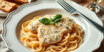 A plate of marry me chicken pasta topped with creamy chicken and fresh basil sits beside slices of bread and a glass of white wine on a softly lit table.