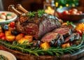 A roasted rack of beef, sliced to reveal a juicy pink center, is served on a wooden platter with roasted potatoes, cherry tomatoes, mushrooms, and rosemary—perfect inspiration for your next venison roast recipe at a festive dinner table.
