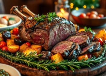 A roasted rack of beef, sliced to reveal a juicy pink center, is served on a wooden platter with roasted potatoes, cherry tomatoes, mushrooms, and rosemary—perfect inspiration for your next venison roast recipe at a festive dinner table.
