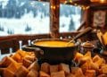 A pot of steaming cheese fondue made from an authentic Swiss fondue recipe, with pieces of bread arranged around it, set on a wooden table in a cozy cabin and snowy mountains visible through the window in the background.