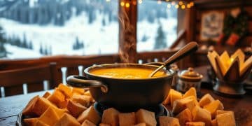 A pot of steaming cheese fondue made from an authentic Swiss fondue recipe, with pieces of bread arranged around it, set on a wooden table in a cozy cabin and snowy mountains visible through the window in the background.