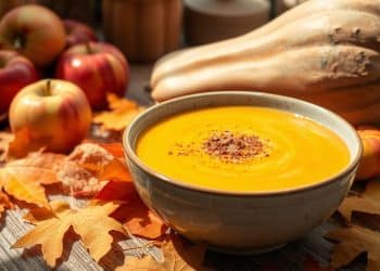 A bowl of creamy Apple Butternut Squash Soup is topped with spices and surrounded by autumn leaves, apples, and a butternut squash on a rustic wooden table, creating a cozy fall atmosphere.