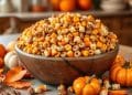 A large wooden bowl filled with an autumn Chex mix recipe—cereal, candy corn, and popcorn—sits on a table decorated with small pumpkins and autumn leaves. The softly blurred background adds to the cozy fall atmosphere.
