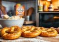 Freshly baked pretzels sprinkled with salt rest on a floured wooden surface, made just like the classic Auntie Anne's recipe, with baking ingredients, a rolling pin, and dough in the background of a cozy kitchen setting.