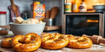 Freshly baked pretzels sprinkled with salt rest on a floured wooden surface, made just like the classic Auntie Anne's recipe, with baking ingredients, a rolling pin, and dough in the background of a cozy kitchen setting.