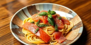 A bowl of spaghetti topped with slices of raw salmon, green basil leaves, sesame seeds, and dollops of green pesto is served on a patterned plate on a wooden table—a fresh taste from Jalbiteworldfood.