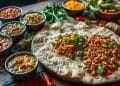 A large flatbread topped with bean curry and garnished with cilantro is surrounded by small bowls of colorful chutneys and vegetables, presenting a beautiful spread inspired by vegan Ethiopian recipes on a rustic wooden table.