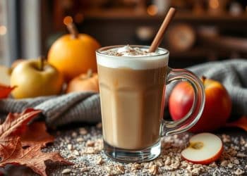 A glass mug of frothy coffee with a cinnamon stick sits on a rustic table, surrounded by apples, pumpkins, autumn leaves, oats, and a cozy knit blanket, capturing the inviting vibe of an apple crisp shaken espresso in autumn.