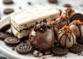 A plate with chocolate sandwich cookies, a luscious Oreo Dessert layered with cream and chocolate, and several chocolate truffles drizzled with chocolate and cookie crumbs.