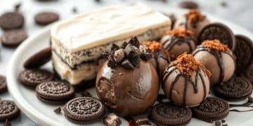 A plate with chocolate sandwich cookies, a luscious Oreo Dessert layered with cream and chocolate, and several chocolate truffles drizzled with chocolate and cookie crumbs.