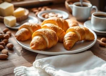 A plate of golden croissants made from a classic gipfeli recipe sits on a wooden table, surrounded by whole almonds, butter, two cups of coffee, and a folded white napkin in a cozy, sunlit setting.