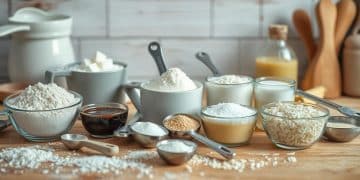 Various baking ingredients such as flour, sugar, rice, cocoa, and butter are arranged in cups and bowls on a wooden kitchen counter, perfect for practicing Cooking and Baking Conversions with measuring spoons and utensils in the background.