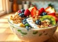 A bowl of yogurt topped with granola, blueberries, strawberries, kiwi slices, and apple slices sits on a sunlit wooden table—just like the perfect THICK smoothie bowl in a cozy kitchen.
