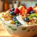 A bowl of yogurt topped with granola, blueberries, strawberries, kiwi slices, and apple slices sits on a sunlit wooden table—just like the perfect THICK smoothie bowl in a cozy kitchen.