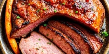 A bowl with a large, roasted, juicy piece of beef, partially sliced to reveal its tender pink interior—an ideal choice for Carnivore Diet Recipes. Garnished with fresh herbs, roasted carrot, and a sprig of rosemary.