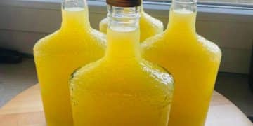 Four square glass bottles filled with bright yellow liquid, crafted from a traditional limoncello recipe and sealed with gold screw caps, are arranged on a wooden surface near a window.