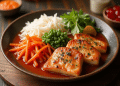 A plate with grilled tofu slices in sauce, inspired by recipes from Taiwan, garnished with chives, served alongside shredded white radish, julienned carrots, green peas, fresh herbs, and a lemon wedge on a wooden table.