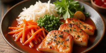 A plate with grilled tofu slices in sauce, inspired by recipes from Taiwan, garnished with chives, served alongside shredded white radish, julienned carrots, green peas, fresh herbs, and a lemon wedge on a wooden table.