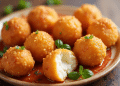 A plate of golden, crispy Cottage Cheese Balls garnished with fresh herbs sits on a wooden table. One ball is bitten open, revealing a creamy white filling inside. A reddish sauce is spread beneath the cheese balls.