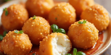 A plate of golden, crispy Cottage Cheese Balls garnished with fresh herbs sits on a wooden table. One ball is bitten open, revealing a creamy white filling inside. A reddish sauce is spread beneath the cheese balls.