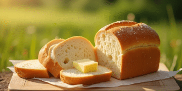 A loaf of bread is partially sliced on a wooden cutting board outdoors, with a couple of slices topped with pats of butter—a perfect outdoor boys bread recipe moment set against a sunny, blurred backdrop of green grass.