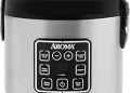 A stainless steel Aroma rice cooker with a black lid and digital control panel displaying various cooking options, including white rice, brown rice, steam, and delay timer. Enjoy effortless meals with this versatile aroma rice cooker.