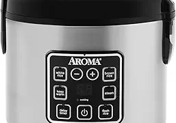 A stainless steel Aroma rice cooker with a black lid and digital control panel displaying various cooking options, including white rice, brown rice, steam, and delay timer. Enjoy effortless meals with this versatile aroma rice cooker.
