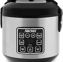A stainless steel Aroma rice cooker with a black lid and digital control panel displaying various cooking options, including white rice, brown rice, steam, and delay timer. Enjoy effortless meals with this versatile aroma rice cooker.
