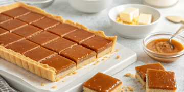 A rectangular caramel slice tart, made with an easy caramel slice recipe, is cut into squares on a white tray. Nearby are bowls of caramel fudge, butter, cream, and a glass jar of caramel sauce on a light background.