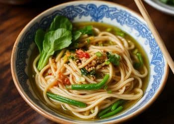 A bowl of noodle soup with green vegetables and herbs, served in a patterned blue and white bowl on a wooden table with chopsticks on the edge, evokes the comforting flavors of a classic phat si-io recipe.