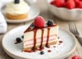 A slice of layered cheesecake topped with raspberry, blackberry, and chocolate sauce sits on a plate with scattered berries. Perfect for fans of easy desserts, this treat shines alongside a fork, strawberries, and another dessert in the background.