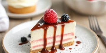 A slice of layered cheesecake topped with raspberry, blackberry, and chocolate sauce sits on a plate with scattered berries. Perfect for fans of easy desserts, this treat shines alongside a fork, strawberries, and another dessert in the background.