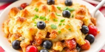 A plate of baked casserole topped with melted cheese, garnished with fresh blueberries, cherry tomatoes, and green herbs—perfect for fourth of July casserole recipes—served on a white dish with a red and white striped cloth in the background.