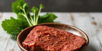A wooden bowl holds a slice of uncooked, seasoned plant-based meat. Fresh green herbs are placed on the rustic wooden surface in the background, perfect for those exploring free carnivore diet recipes with a modern twist.