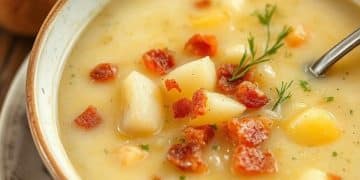 A close-up of a bowl of creamy potato soup recipe with chunks of potato, crispy bacon bits, and garnish, with a spoon in the bowl.