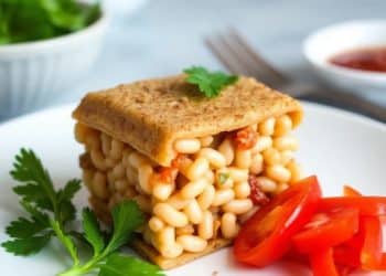 A square slice of baked beans sandwiched between two pieces of bread, garnished with parsley, sits on a white plate with sliced cherry tomatoes—a Quick Recipe from Jalbiteworldfood. Bowls of herbs and sauce are blurred in the background.