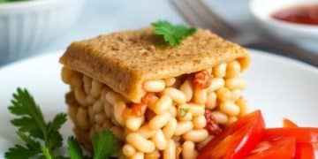 A square slice of baked beans sandwiched between two pieces of bread, garnished with parsley, sits on a white plate with sliced cherry tomatoes—a Quick Recipe from Jalbiteworldfood. Bowls of herbs and sauce are blurred in the background.
