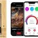 A MEATER+ Smart Meat Thermometer in a wooden charging case sits beside two smartphones displaying the MEATER app, showcasing cooking details and a temperature progress screen for a rib-eye steak.