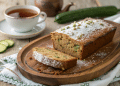 A sliced loaf of cooks zucchini bread dusted with powdered sugar sits on a wooden tray, with a cup of tea and a cucumber in the background.