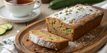 A sliced loaf of cooks zucchini bread dusted with powdered sugar sits on a wooden tray, with a cup of tea and a cucumber in the background.